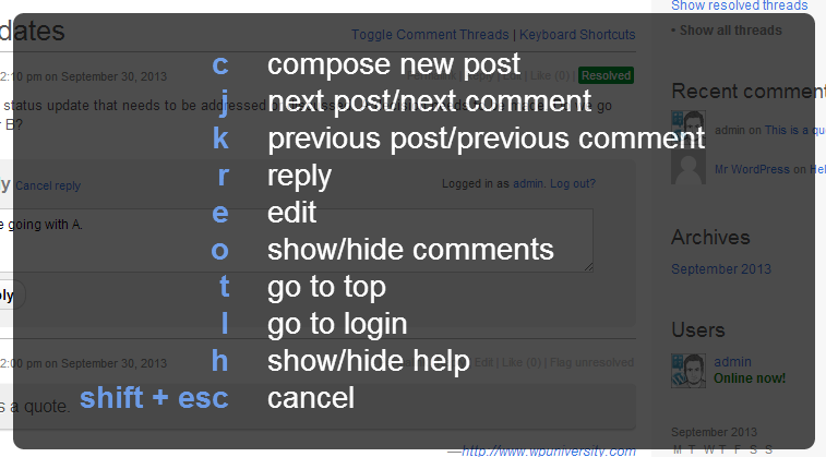WordPress P2 - Keyboard Shortcuts