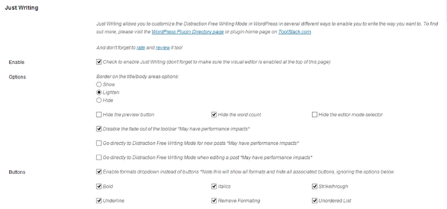 Just Writing - Plugin Options