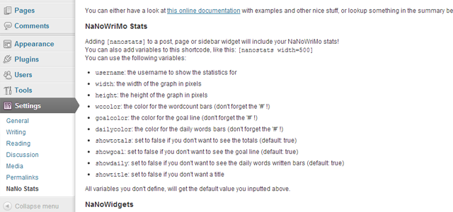 NaNo Stats Options