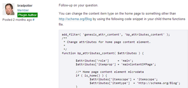 Screenshot of Brad Potter providing code in support forum for Microdata Manager.