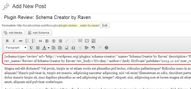 Schema Creator shortcode in the post content.